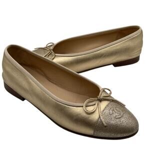 Chanel Gold Leather Ballet Flats with CC Cap Toe – Size 39